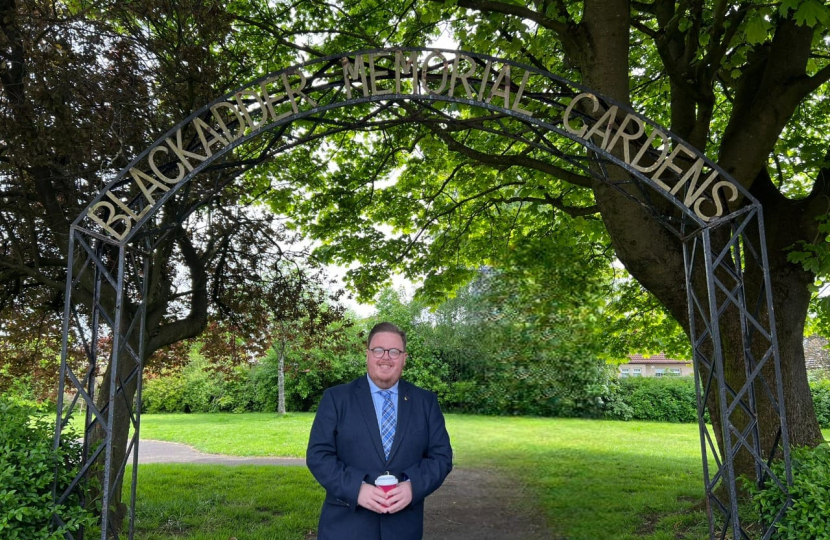 Cllr Thomas Kerr outside the Blackadder Memorial Gardens